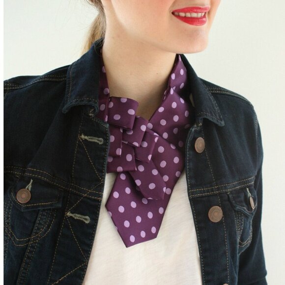 Polka Dot Ascot Scarf - Purple Silk Scarf - Gift For Tie Lovers - Unique Scarf. - Picture 2 of 7